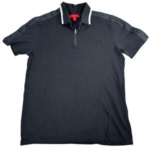 Guess Mens Black 1/4 Zip Polo Shirt Short Sleeve Logo Tape Shoulder Small